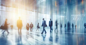 People walking through a business building