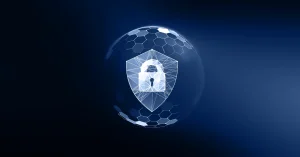 Icon of a lock over a globe, representing security