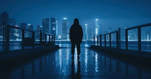 Suspicious figure in the dark with a large city in the background