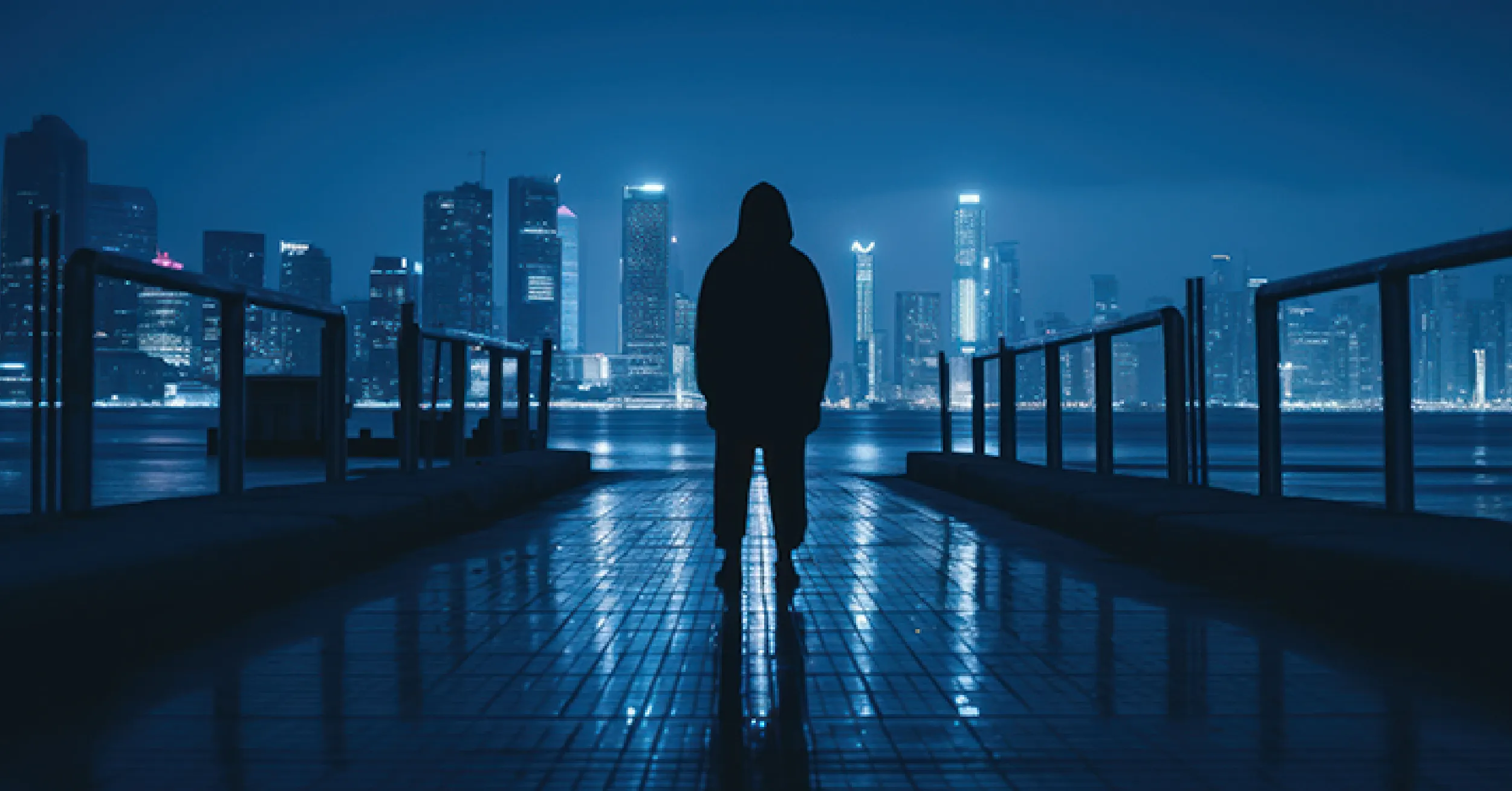 Suspicious figure in the dark with a large city in the background